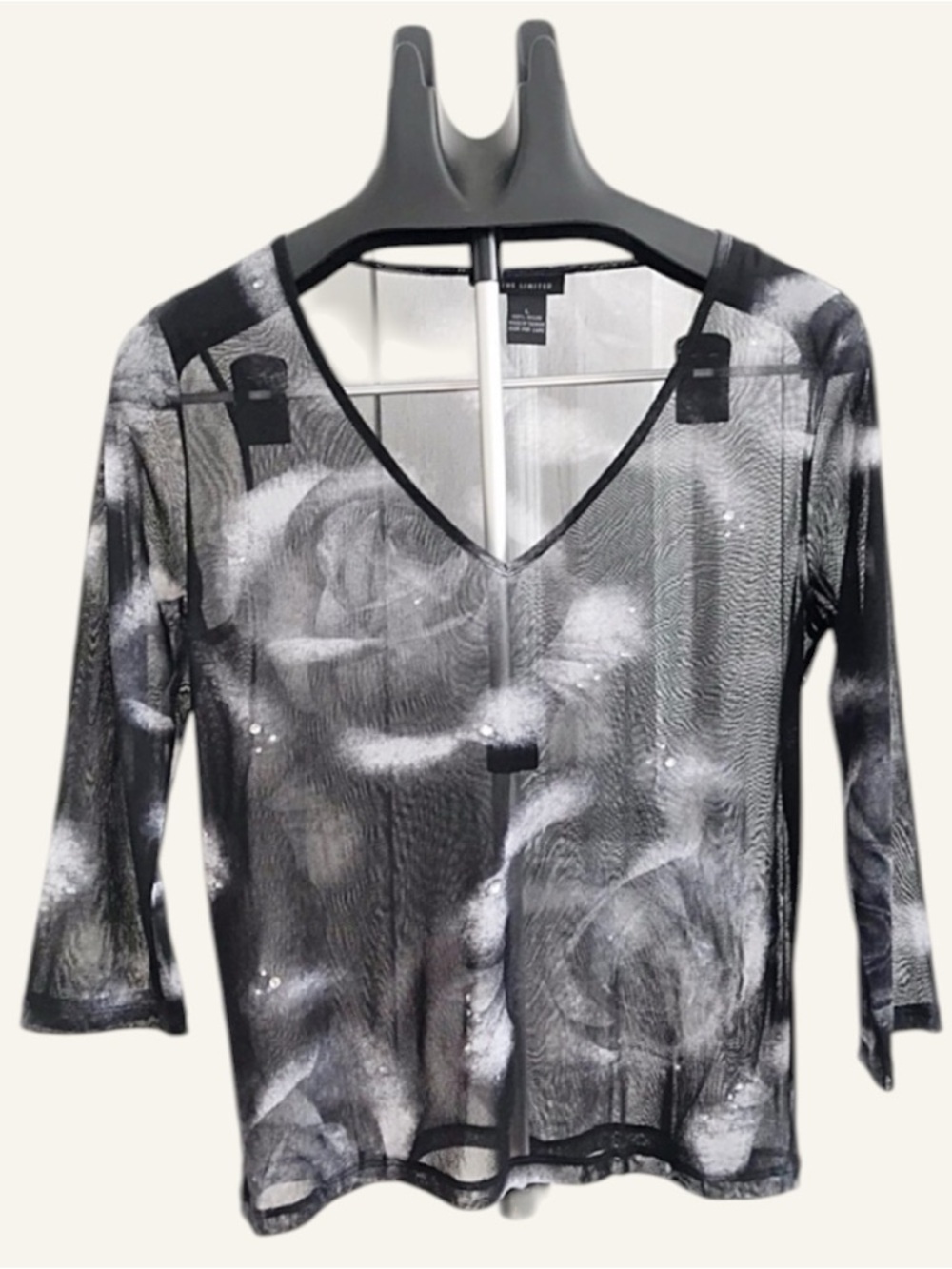 THE LIMITED Embellished Sheer Floral Top | Black Gray Rose Print | Sz Large